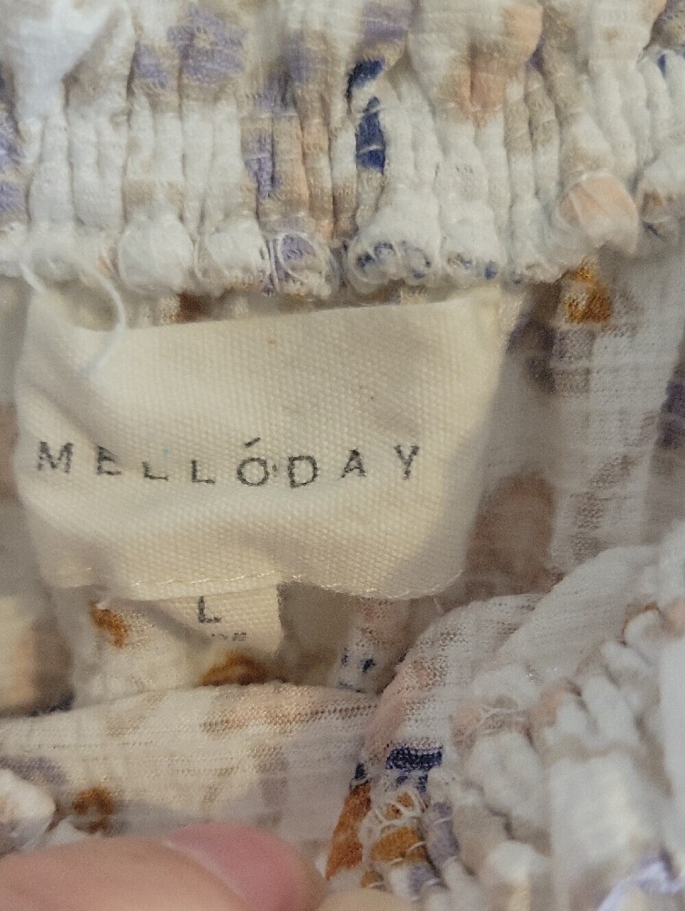 MELLODAY SzLg Cream Paisley Floral Peasant Blouse Ruffle Hem on off shoulder - Picture 2 of 5